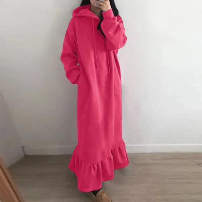 maoxiangshop New Fashion Hooded Sweatshirts Dress Women Casual Solid Long Sleeve Maxi Dresses Winter Clothes Vestidos Warm Robe Femme