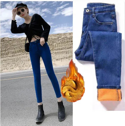 maoxiangshop Women's Warm Jeans Winter Warm Plushed Jeans Elastic Thickened Denim Pants Casual Trousers