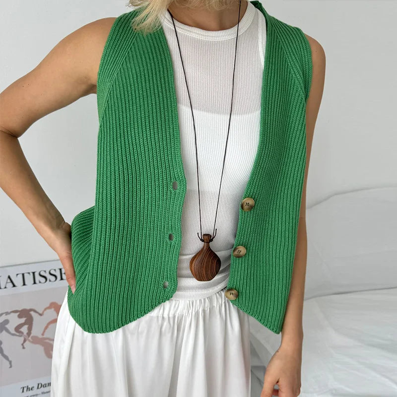 maoxiangshop  -  Casual Knitted Sleeveless Vests Women Solid Colorful Singled-Breasted Sweater Female Autumn Chic Loose Soft Tops All-matching