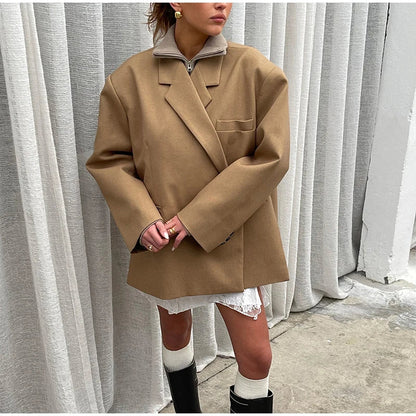 maoxiangshop  -  Loose Slanted Placket Suit Jacket Women Autumn Oversize Solid Suits Coat Female Elegant Casual Hidden Button Lapel Slit Coats