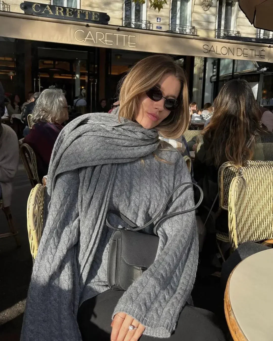 maoxiangshop  -  Women Casual Gray Knitted Sweater With Scarf Elegant Round Neck Long Sleeves Pullover 2024 Autumn Lady High Street Jumper Top