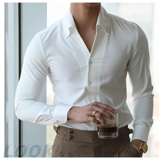 maoxiangshop Men's Italian Collar Shirt, Wrinkle-free, Casual, Fashionable, Slim-fit with A Lapel Design, Branded Clothing, Youth, New