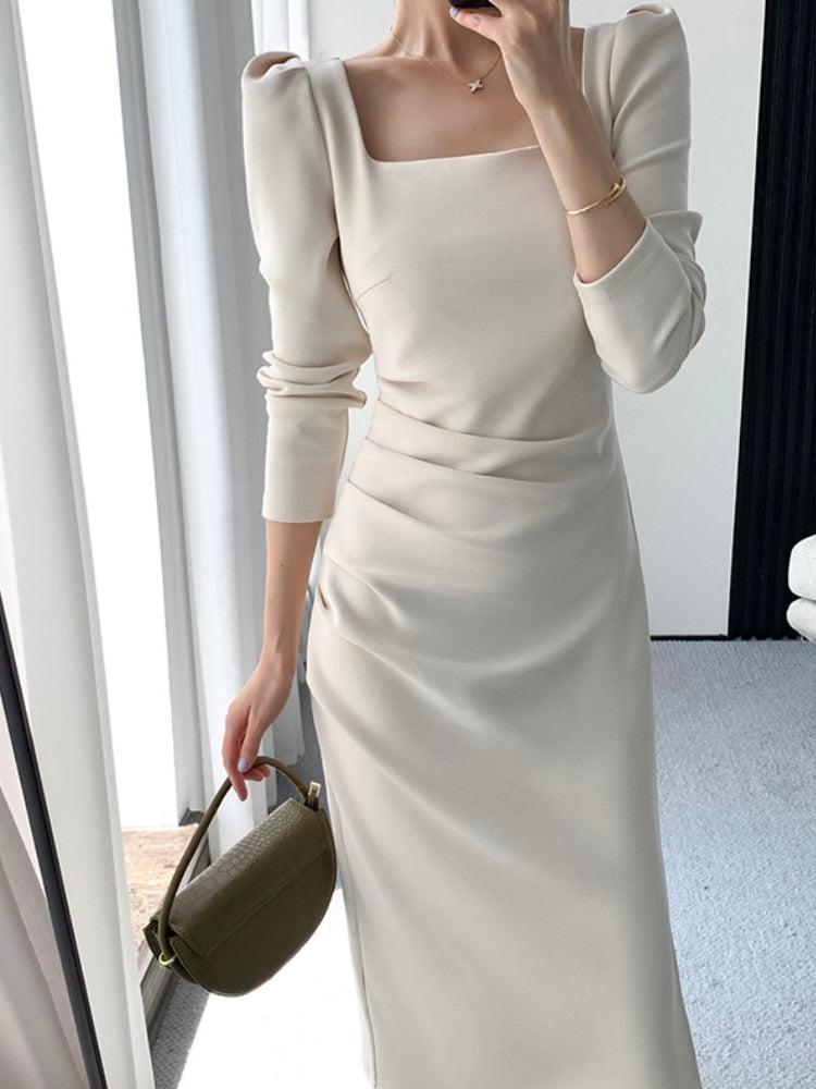 maoxiangshop Square Collar Solid Wedding Maxi Dresses for Women Office Lady Bodycon Midi Dress Elegant Korea Fashion Clothes Autumn Robe