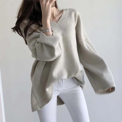 White Knitted Sweaters Women Autumn Winter Pullovers Female Korean Fashion Long Sleeve Knitwear Tops Elegant Loose V-Neck Jumper