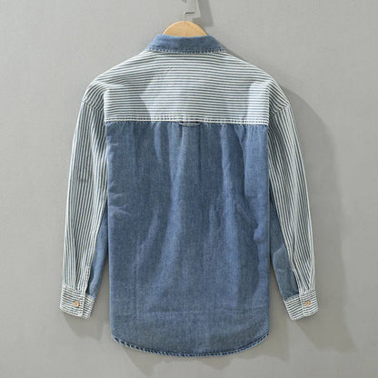 maoxiangshop New Men's Denim Shirts Spring High Street Loose Long Sleeves Jean Tops Stripe Patchwork Designer Shirt Youth Fashion Overshirt