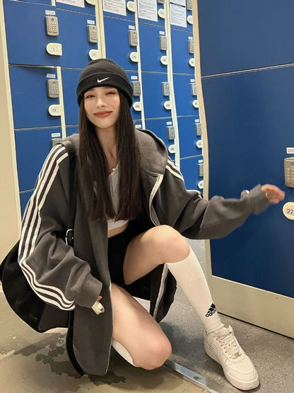 maoxiangshop Casual Zip Hoodie Women Autumn Harajuku Loose Side Stripe Patchwork Long Sleeve Oversized Hoodie School Grey Cardigan