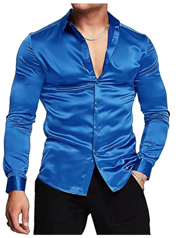 maoxiangshop Men's luxurious shiny silk satin dress shirt Long sleeved casual slim muscle button-down shirt Plus size S-3XL