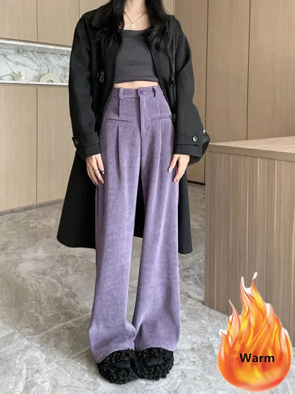 maoxiangshop Winter Thicken Wide Leg Corduroy Pants Warm Velvet Lined Casual Thick Plush High Waist Trouser Korean Women Snow Wear Pantalones