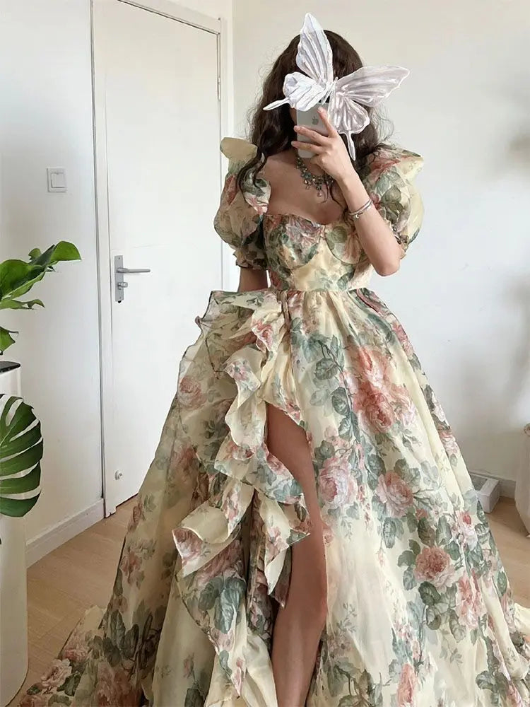 maoxiangshop Floral Print Evening Party Dress Women 2024 Spring OutfitsPuff Sleeve Elegant Princess Long Dres Ladies France Vintage Open Fork Dress Summer