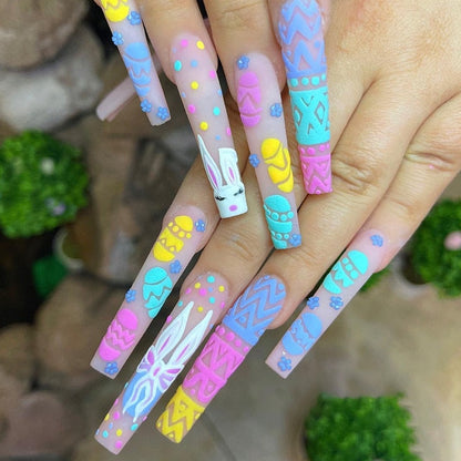 24Pcs Easter Long Coffin False Nails with Rabbit Chicken Designs Wearable Multicolor Ballet Press on Nails Full Cover Nail Tips