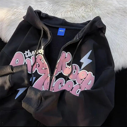 American Retro Zip Up Graphic Hoodies Women Streetwear Loose Letter Printed Hooded Sweatshirts Hiphop Thin Top