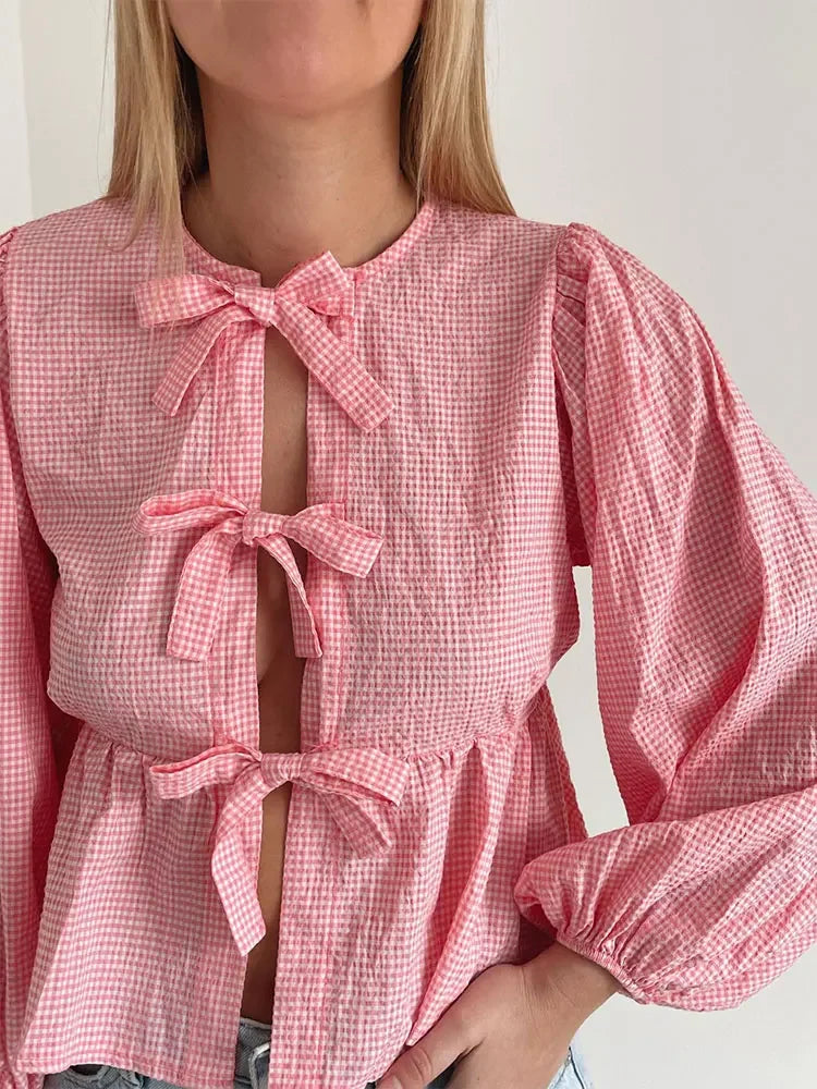 maoxiangshopWomen Casual Round Collar Plaid Bow Lace Up Shirt Elegant Loose Puff Sleeve Hallow Out Short Tops 2024 Spring Female Streetwear