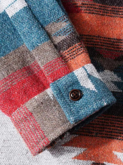 maoxiangshop Shirt Jacket for Men Tribal Geometric Print Blend Wool Ethnic Jacket Blouse Outerwear Fall Winter Long Sleeve Shacket Tops