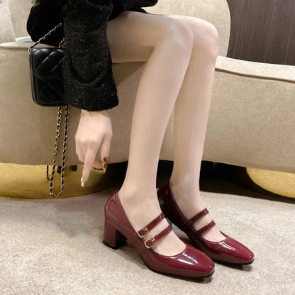 Spring Autumn Women Double Buckle Mary Janes Shoes Patent Leather Dress Square Head Square Heel Solid Color Women's Shoes