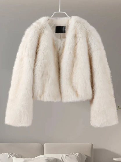 maoxiangshop  -  Short Faux Fur Coats Women Plush Autumn Winter O-neck Open Stitch Loose Women's Coat Long Sleeve Casual Jacket Female Streetwear