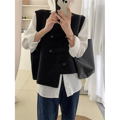 Irregular Sweater Vest Women Preppy Solid Chic Button Knit Waistcoat Korean Office Lady Elegant Knitwear Casual Top New
