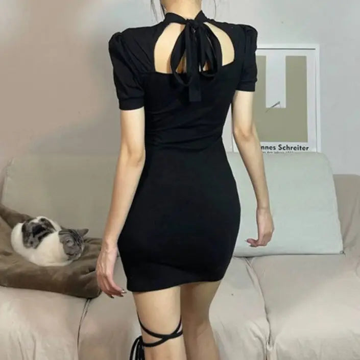 maoxiangshop New Vintage Black Bandage Sexy Dress Spice Girls Hollow Out Short Sleeve Dress Women's Sweet Spicy Thin Skirt Halloween