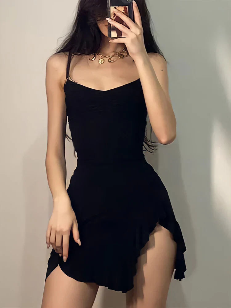 maoxiangshop Summer Sexy Mini Dress Women Sleeveless Strap Streetwear Backless Folds Bodycon Split Black Dress Party Elegant Dresses