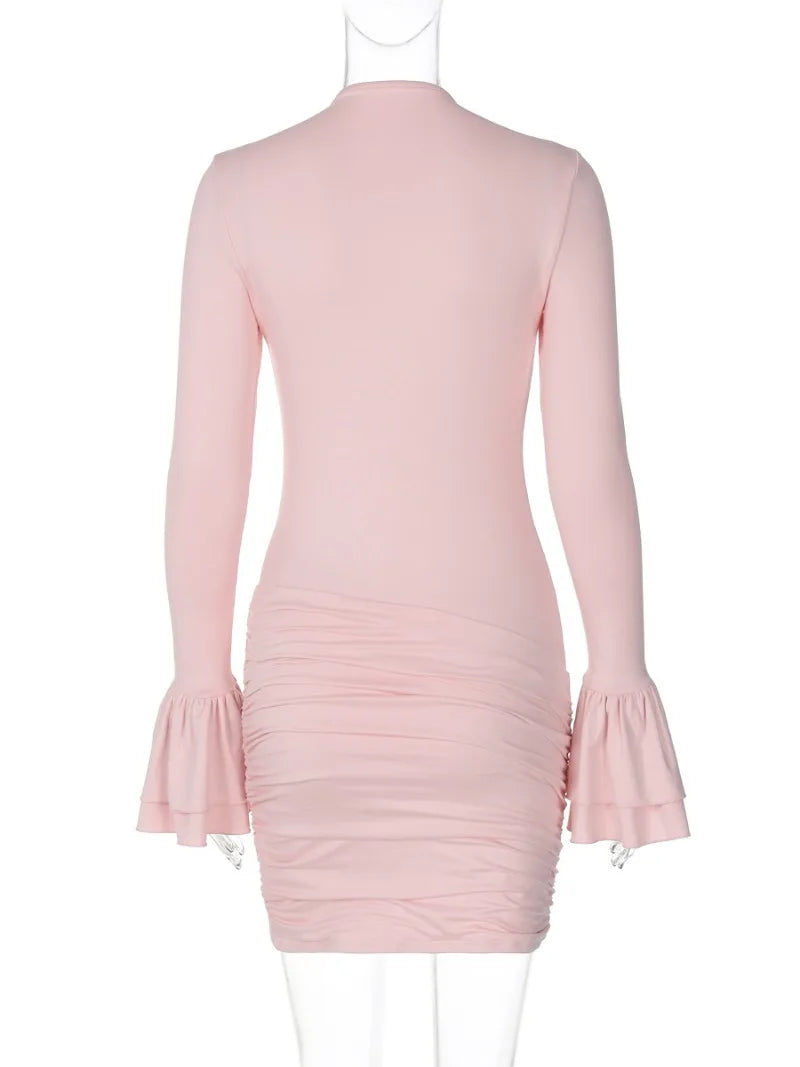 maoxiangshop  -  Fashion Solid Pink Short Dress Streetwear Women's Autumn Winter Flare Sleeve Folds Bodycon Package Hip Birthday Party Dresses