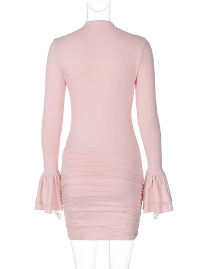 maoxiangshop  -  Fashion Solid Pink Short Dress Streetwear Women's Autumn Winter Flare Sleeve Folds Bodycon Package Hip Birthday Party Dresses