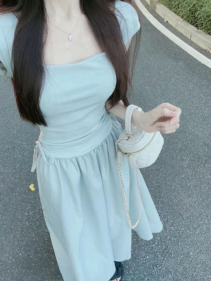 Elegant Dress Women White Sweet Kawaii Summer Midi Dress Korean Fashion Chic Shirring Square Collar Female Vestidos New