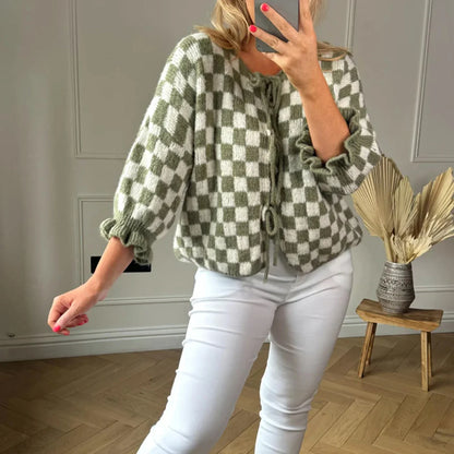 maoxiangshop  -  Women's Tie Front Knitted Cardigan New Style 2024 New Checkered Half Sleeve Sweater Casual Autumn Winter Cardigan Knitwear