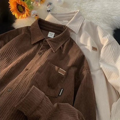 maoxiangshop Korean Fashion Long Sleeve Corduroy Sweatshirts Men Clothing Retro Spring and Autumn Casual Turn Down Collar Shirts