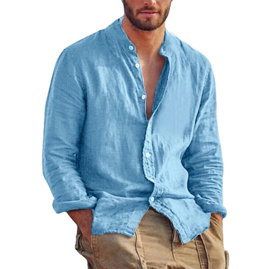 maoxiangshop New Men's Solid Color Long Sleeve Shirt Linen Cotton Shirts Trend Plus-size Stand Collar Casual Lightweight Beach Tops