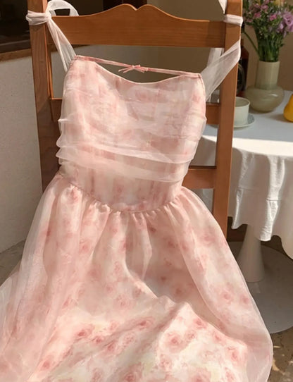 Summer Elegant Korean Sweet Pink Halter Dress Women Casual Y2K Print Chiffon Sleeveless Party Vestidos Fairy Princess Clothes