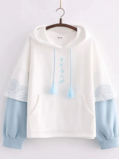 maoxiangshop Japan Style Letter Embroidery Fleece Women Hoodies Patchwork Drawstring Hooded Sweatshirt Winter Female Pullover Tops