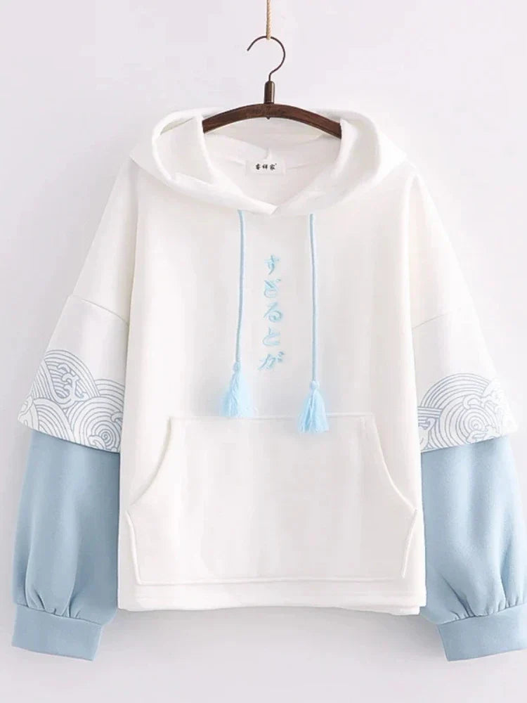 maoxiangshop Japan Style Letter Embroidery Fleece Women Hoodies Patchwork Drawstring Hooded Sweatshirt Winter Female Pullover Tops