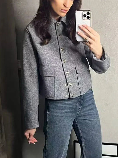 maoxiangshop Autumn Jacket Women Vintage Fashion Metal Button Cropped Coat Female Elegant Casual Long Sleeve Lapel Single Breasted Outerwear