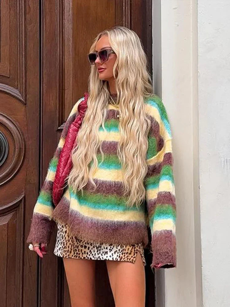 maoxiangshop  -  Casual Striped Mohair Sweater Women Loose Contrast O-neck Long Sleeve Pullovers 2024 Autumn Winter Lady Street Outwear