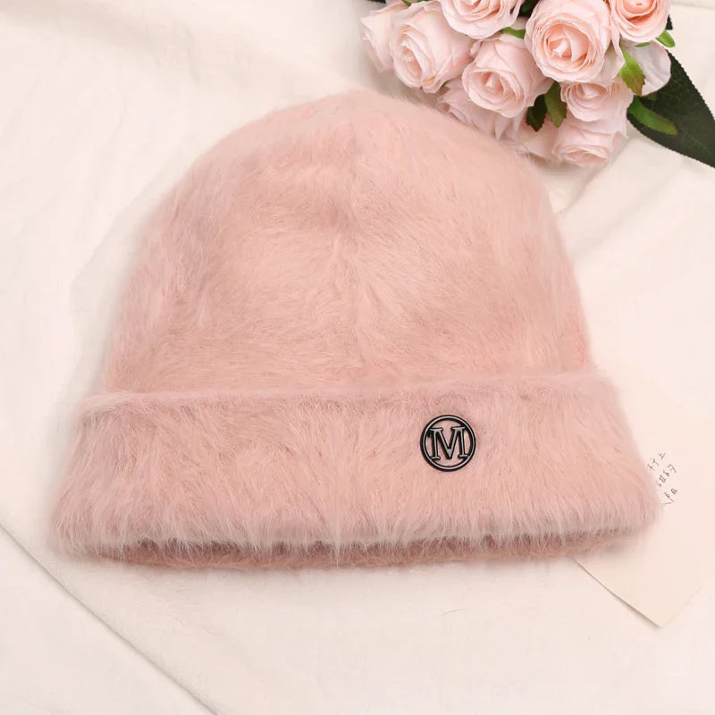 maoxiangshop New Fashion Rabbit Fur Y2k Beanies for Women Soft Warm Fluffy Angola Winter Hat Female Windproof Bonnet Hat Skullies Cap