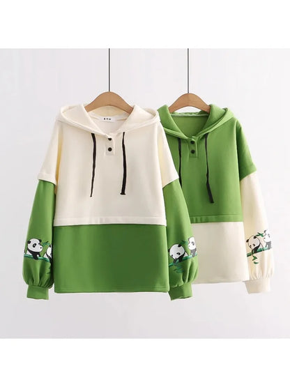 maoxiangshop Kawaii Panda Embroidery Fleece Women Hoodies Patchwork Drawstring Hooded Sweatshirt Winter Female Pullover Cute Tops