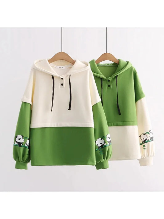 maoxiangshop Kawaii Panda Embroidery Fleece Women Hoodies Patchwork Drawstring Hooded Sweatshirt Winter Female Pullover Cute Tops