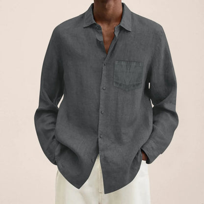maoxiangshop Male Summer Cotton Linen Solid Casual Plus Size Loose Shirt Mens Turn Down Long Sleeve Shirt