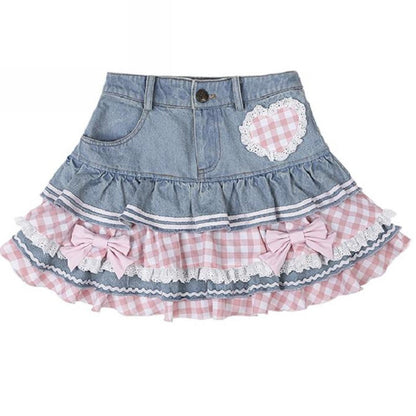 maoxiangshop Preppy Style Lolita Kawaii Skirts Japanese Sweet Mini Women Harajuku Cute Ball Gown Denim Skater Y2K High Waist Lace Cake Skirts