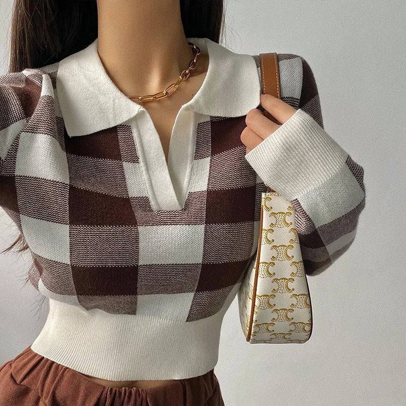 maoxiangshop Autumn Winter Vintage Knitwear Crop Tops Women Pullover Sweaters Fashion Female Long Sleeve Elastic Casual Plaid Knitted Shirts