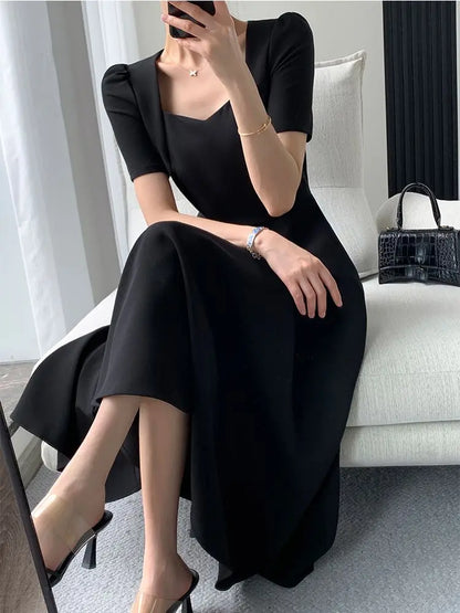 Women  Summer New Elegant Midi Black Dress Solid A Line Femme Fashion Office Lady Clothing Vestidos