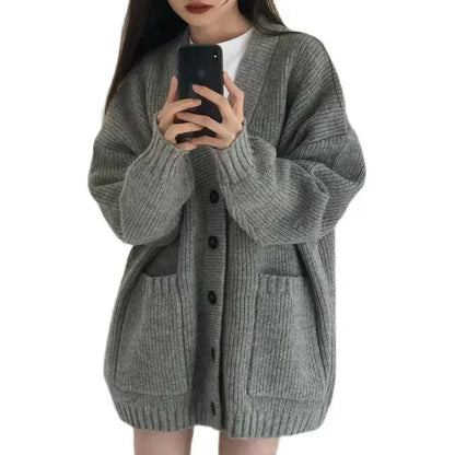 maoxiangshop Women's Sweaters Button Up V-neck Front Pocket Soft Wool Knitted Cardigan Chic Korean Fashion  Outfit Autumn Winter