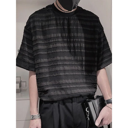 maoxiangshop Striped Mesh T-shirts for Men Beach Short Sleeve Tee Male Summer Translucent Breathable Tops O-neck Casual Streetwear