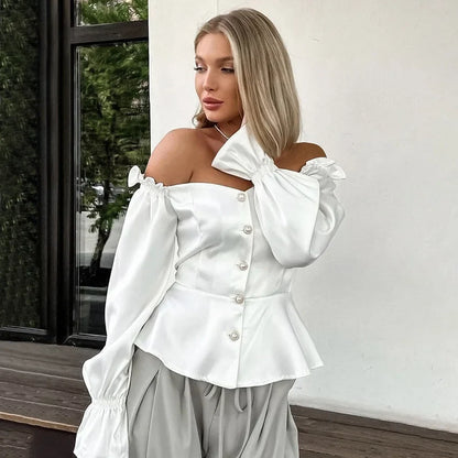 maoxiangshop  -  Elegant Women Shirt 2024 Autumn Winter Satin shirt White Ruffle Hem Buttoned Off Shoulder Strap Long Sleeve Slim Fit Blouse