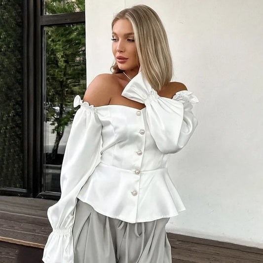 maoxiangshop  -  Elegant Women Shirt 2024 Autumn Winter Satin shirt White Ruffle Hem Buttoned Off Shoulder Strap Long Sleeve Slim Fit Blouse