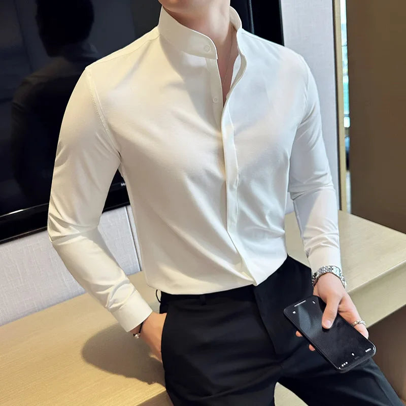maoxiangshop Camisas De Hombre Stand Collar Luxury Shirts For Men Quality Camisa Masculina Stretch Slim Fit Mens Dress Shirts Formal Clothes