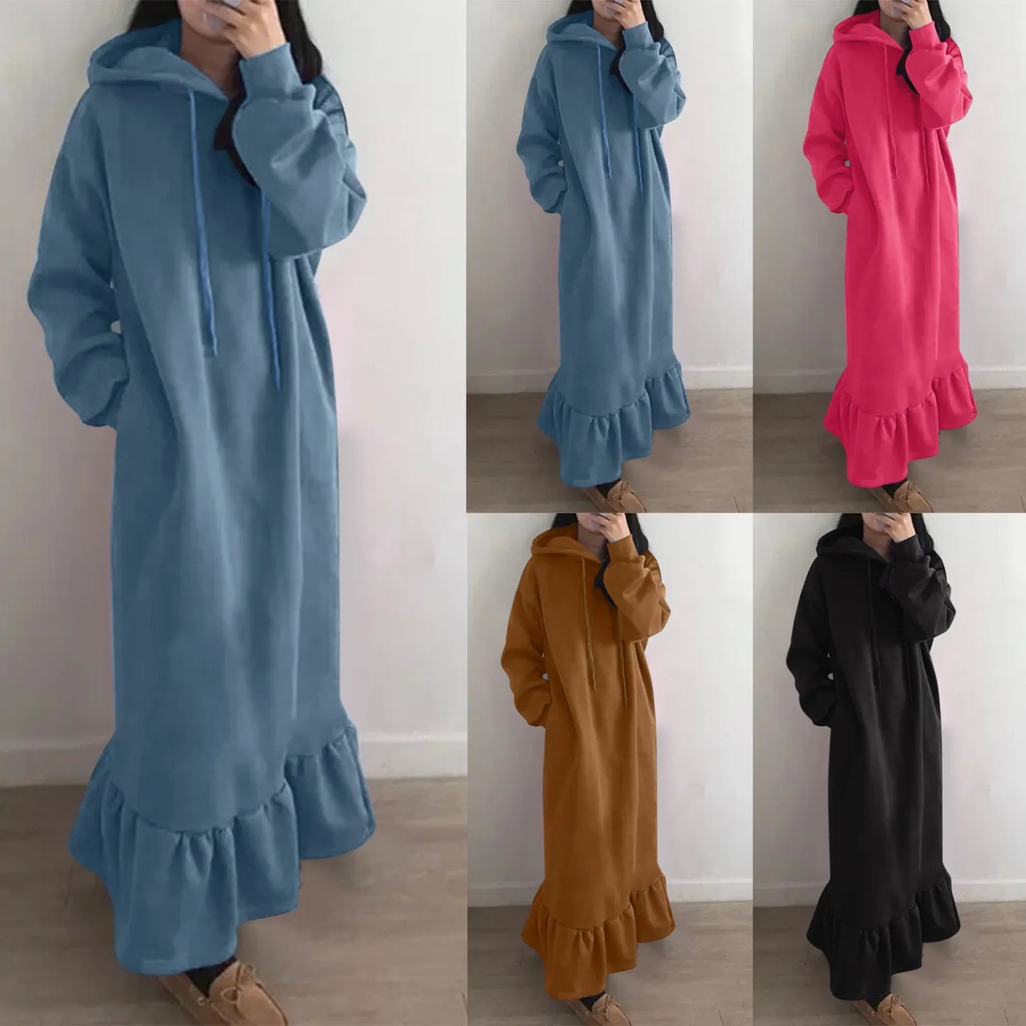 maoxiangshop New Fashion Hooded Sweatshirts Dress Women Casual Solid Long Sleeve Maxi Dresses Winter Clothes Vestidos Warm Robe Femme