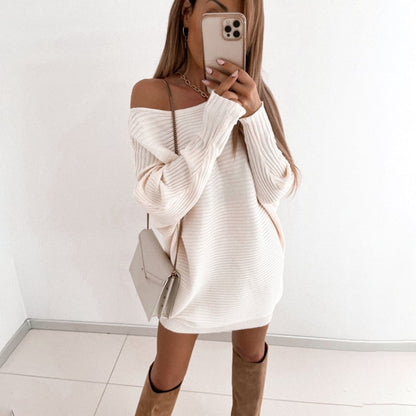 maoxiangshop Sexy Off Shoulder Long Sleeve Sweater Dress Women Spring Loose Casual White Knitted Long Top Woman Mini Dresses Pull Femme