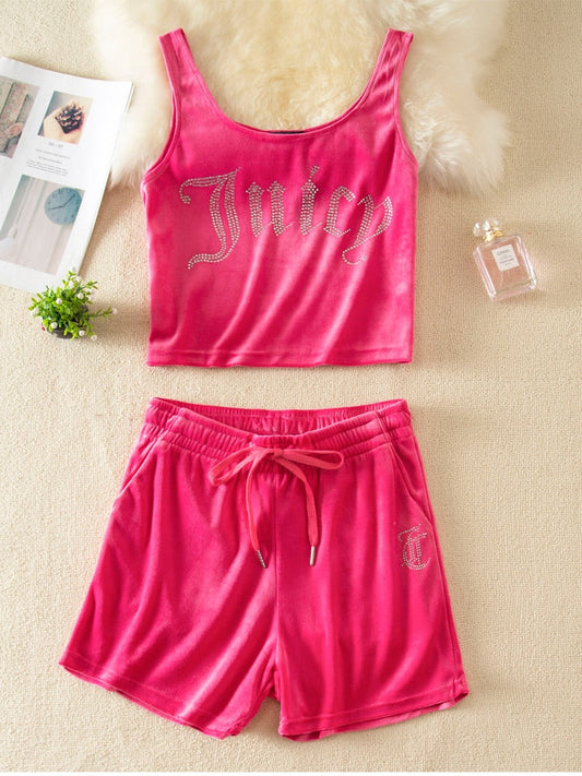 maoxiangshopVelvet Crop Top and Shorts Set Summer Sweatsuit Juicy Sleeveless Tank Top and Drawstring Shorts Women Casual Two Piece Set