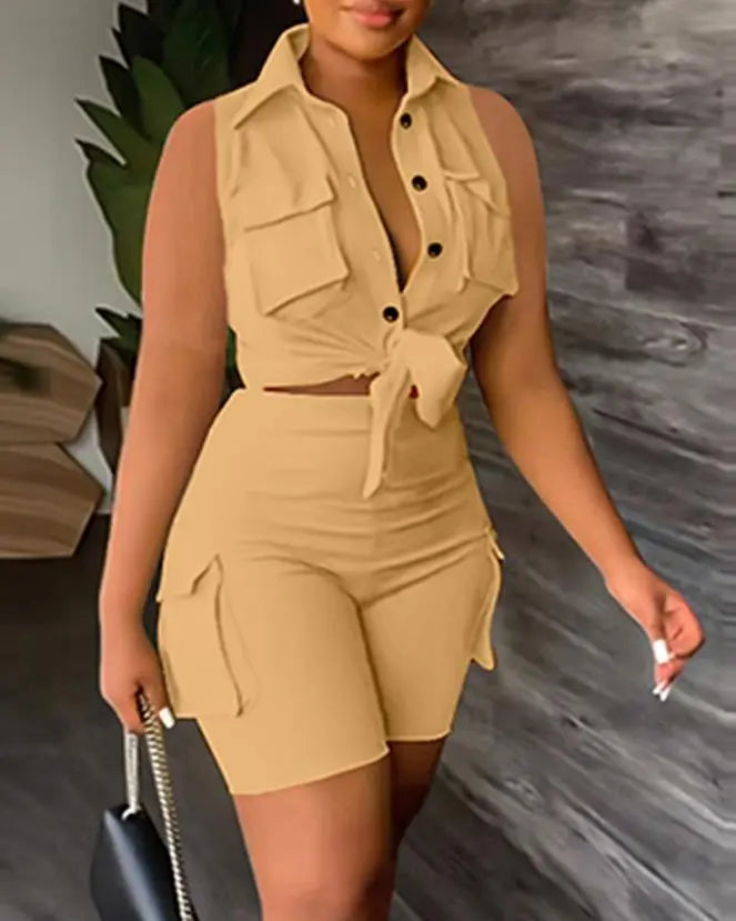 maoxiangshop Sexy Womens Two Piece Sets Outfit Buttoned Pocket Design Sleeveless Top & High Waist Shorts Set New Fashion Summer Casual