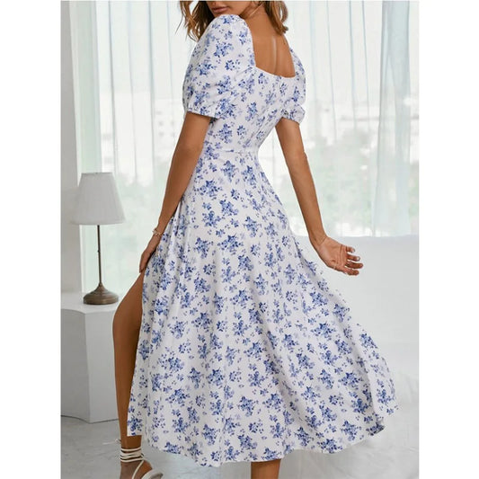 Floral Print Puff Sleeve Ruched Bust Slit Dress Women Square Neck High Waist A-line Long Dresses Elegant Ladies Summer Sexy Robe